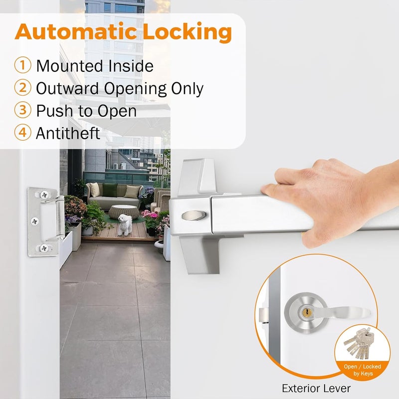 BEAMNOVA 27.5 in Commercial Door Push Bar Panic Exit Device with Exterior Lever Lock Key Roller Strike Plate End Cap Universal Emergency Hardware, for 27.5 to 41 inches Wide Door, Metallic - Image 4